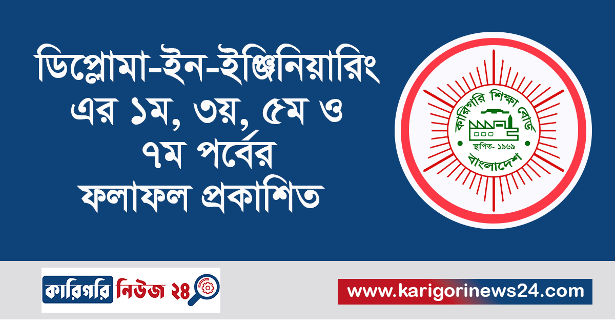 ডিপ্লোমা ইন ইঞ্জিনিয়ারিং শিক্ষাক্রমের ১ম, ৩য়, ৫ম এবং ৭ম পর্বের পর্ব সমাপনী পরীক্ষার ফলাফল প্রকাশিত হয়েছে