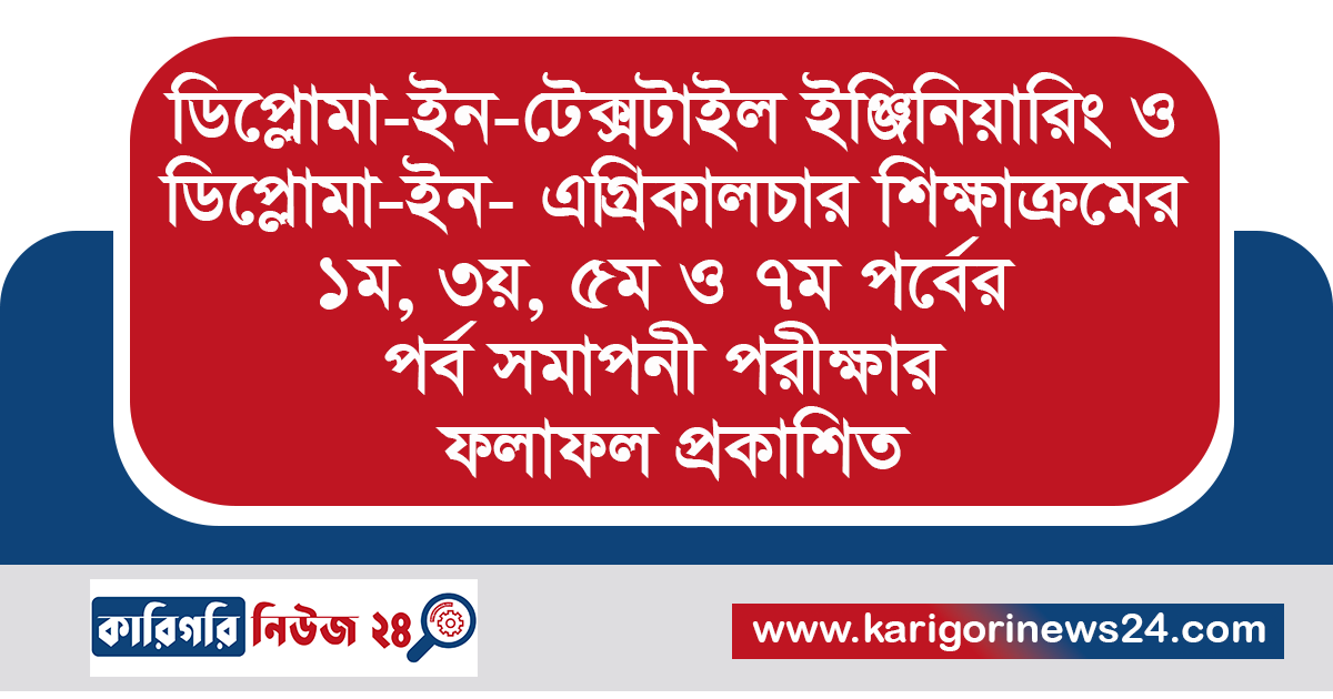 ডিপ্লোমা ইন টেক্সটাইল ইঞ্জিনিয়ারিং ও ডিপ্লোমা ইন এগ্রিকালচার শিক্ষাক্রমের পর্ব সমাপনী পরীক্ষার ফলাফল প্রকাশিত