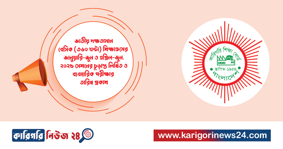 জাতীয় দক্ষতামান বেসিক (৩৬০ ঘন্টা) শিক্ষাক্রমের জানুয়ারি-জুন ও এপ্রিল-জুন, ২০২৫ সেশনের চূড়ান্ত লিখিত ও ব্যবহারিক পরীক্ষার তারিখ প্রকাশ