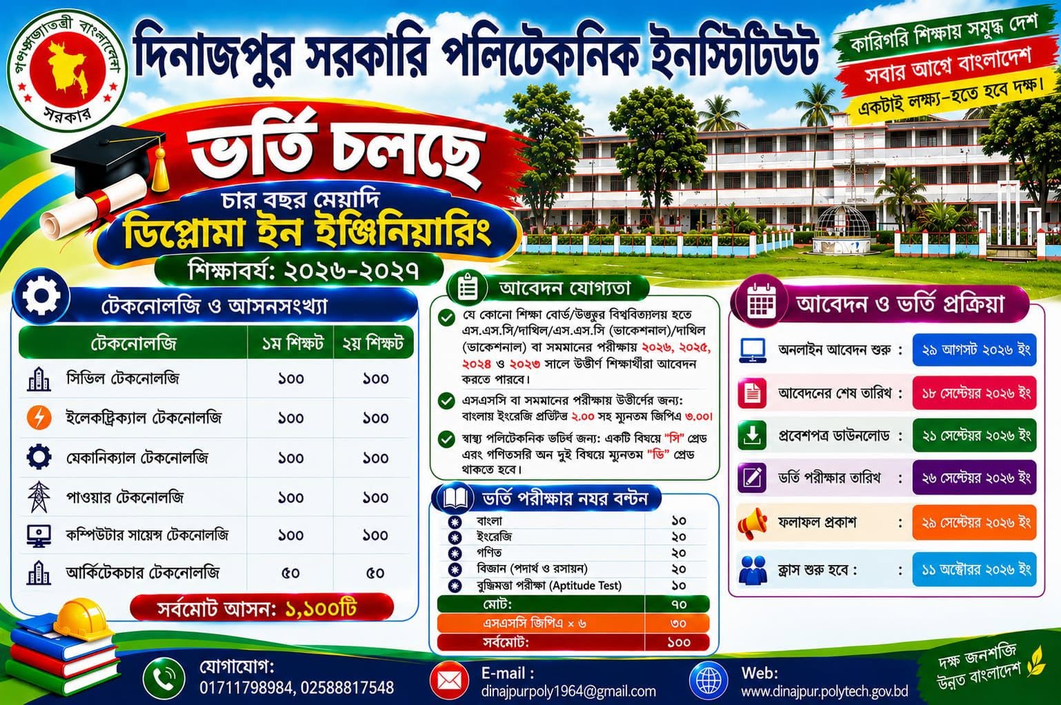 ২০২৬-২০২৭ শিক্ষাবর্ষে দিনাজপুর সরকারি পলিটেকনিক ইনস্টিটিউট-এ ভর্তি চলছে