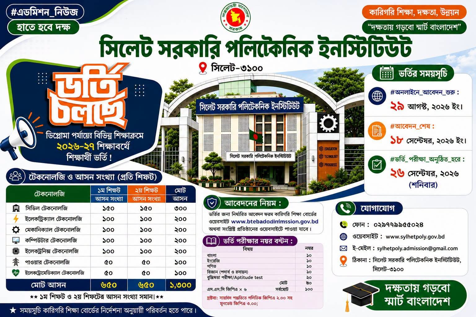 ২০২৬-২০২৭ শিক্ষাবর্ষে সিলেট সরকারি পলিটেকনিক ইনস্টিটিউট-এ ভর্তি চলছে